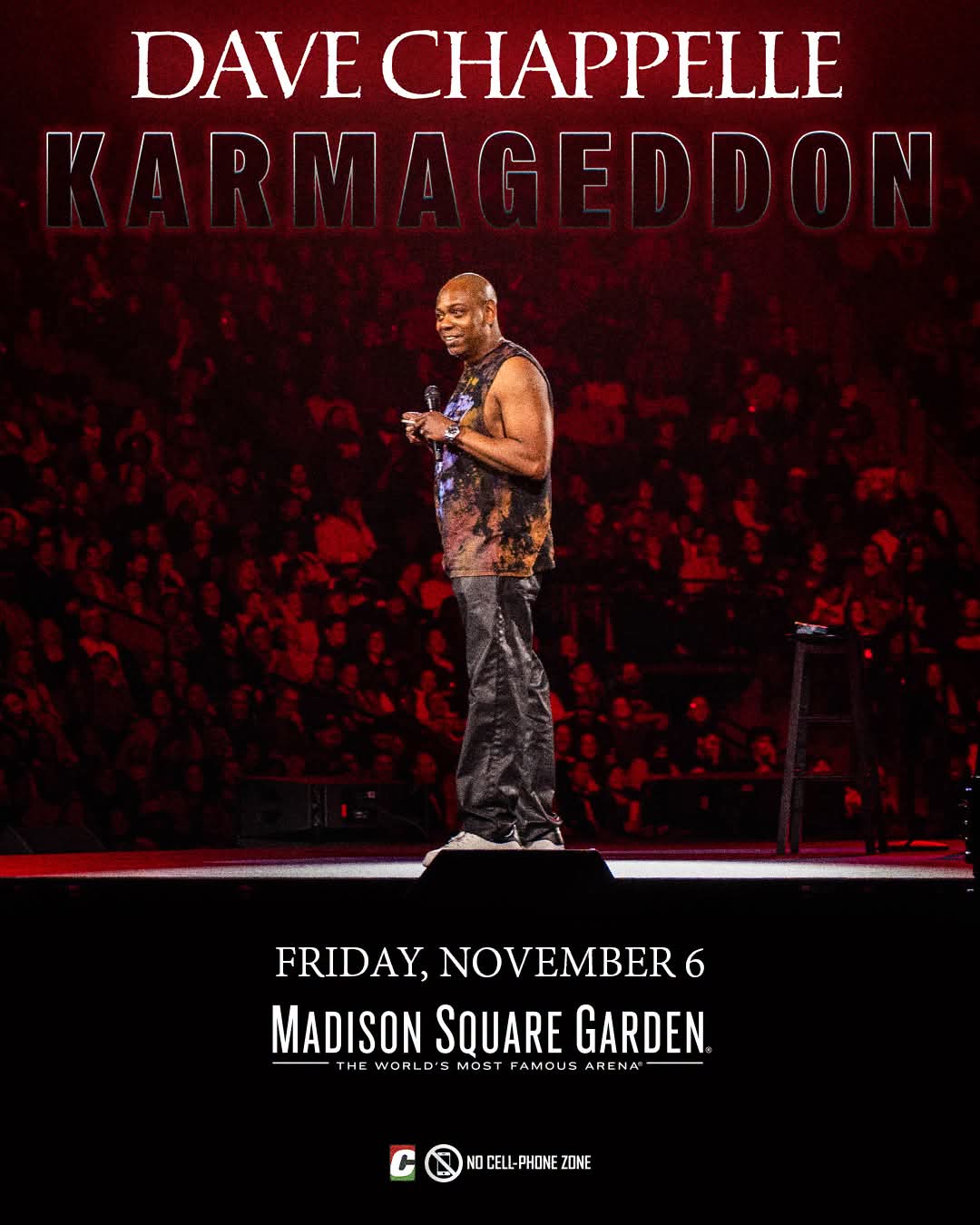 Dave Chappelle performing on stage at Madison Square Garden for the KARMAGEDDON tour